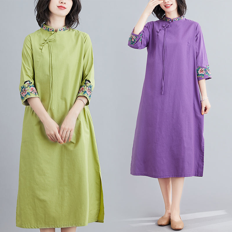 Plus Size Embroidery Ethnic Mid Sleeve Dress Cheongsam