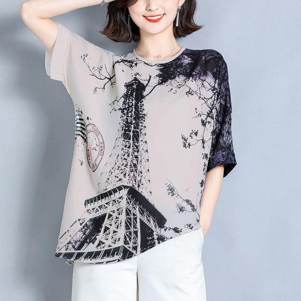 Plus size forest scene asymmetric short sleeve blouse