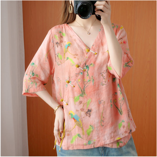 Plus Size Orange Wrap V Neck Floral Cheongsam Mid Sleeve Top