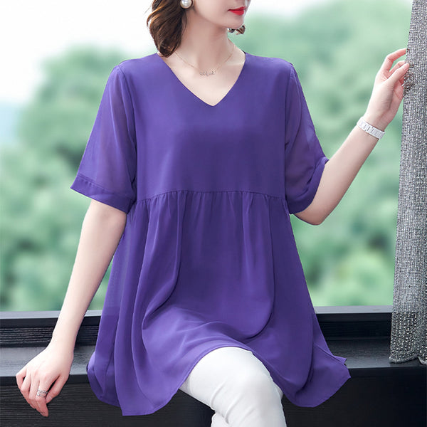 Plus size babydoll chiffon tunic short sleeve blouse
