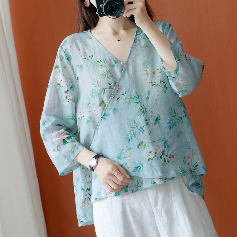 Plus Size Wrap V Neck Floral Cheongsam Mid Sleeve Top