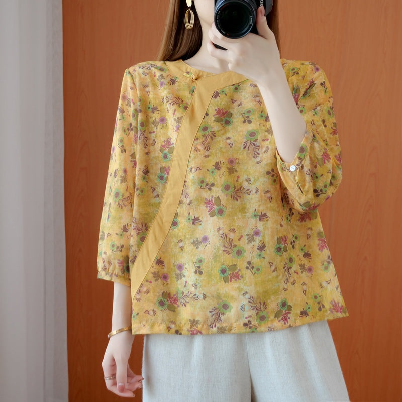 Plus Size Yellow Floral Cheongsam Mid Sleeve Top