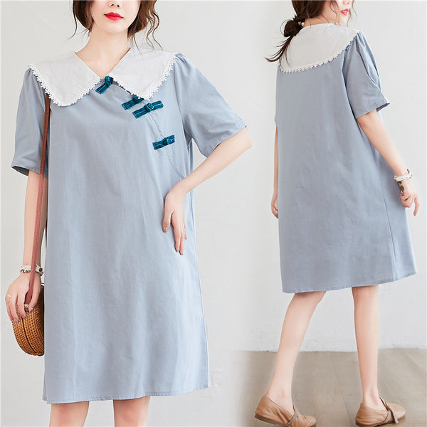 Plus Size Blue Modern Cheongsam Short Sleeve Dress