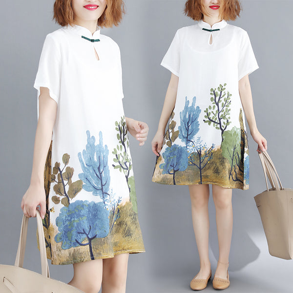 Plus Size Fern White Cheongsam Short Sleeve Dress