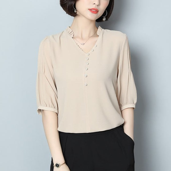 Plus size pleat buttons v neck chiffon 3/4 sleeve blouse