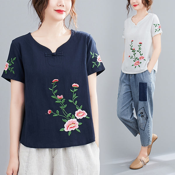 Plus Size Embroidery V Neck Cheongsam Short Sleeve Top