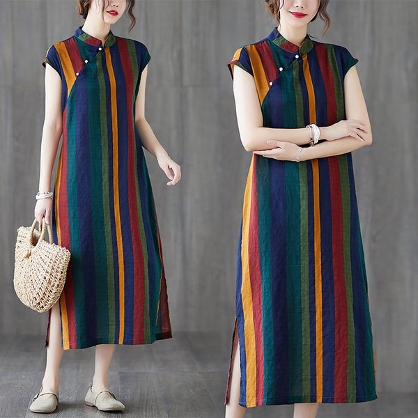Plus Size Stripes Vintage Modern Cheongsam Short Sleeve Midi Dress