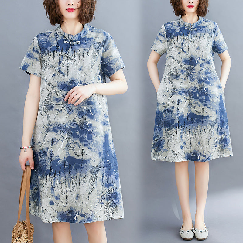 Plus Size Blue Paint Modern Oriental Cheongsam Short Sleeve Dress