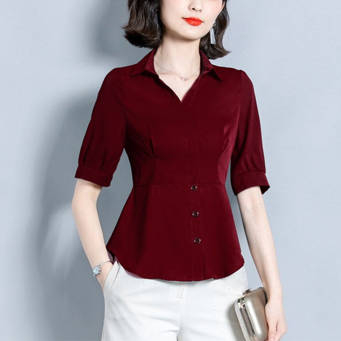 Plus size wrap v neck buttons work office short sleeve shirt blouse