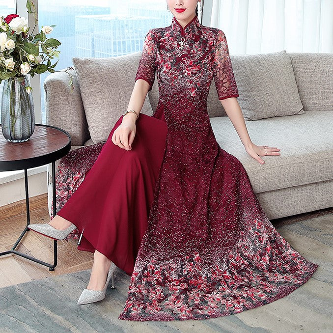 Plus Size Chinese Oriental Cheongsam Short Sleeve Maxi Dress Pluspreorder
