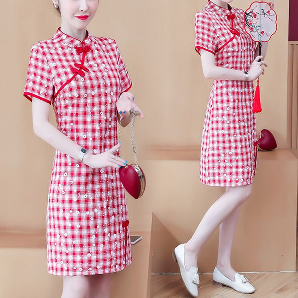 Plus Size Gingham Checks Cheongsam Short Sleeve Dress