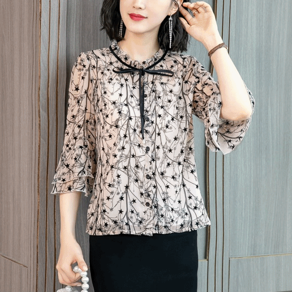 Plus size ribbon high neck bell sleeve buttons short sleeve blouse