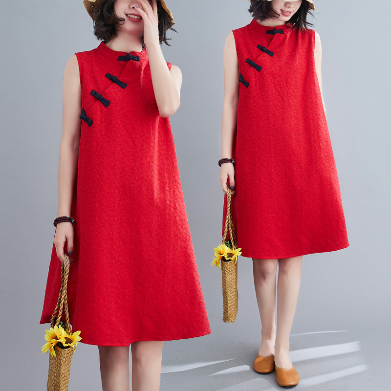 Plus Size Red Basic Cheongsam Sleeveless Dress