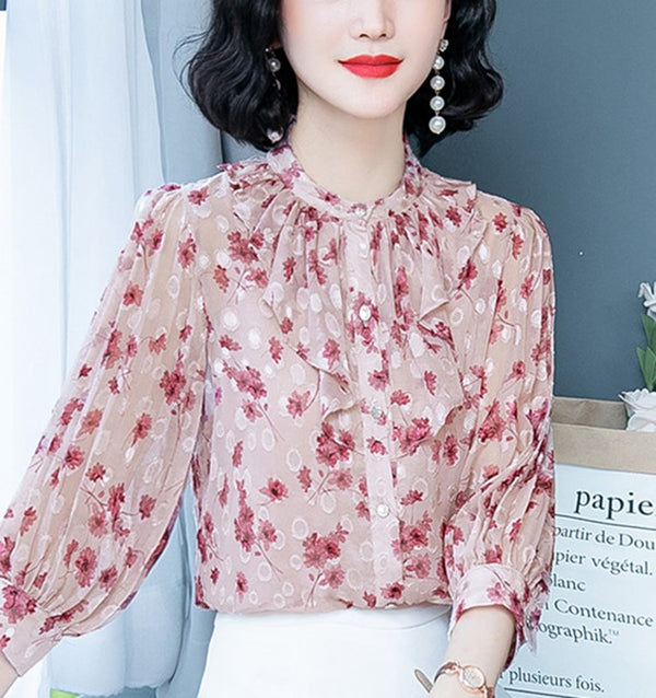 Plus size dots floral chiffon mid sleeve blouse