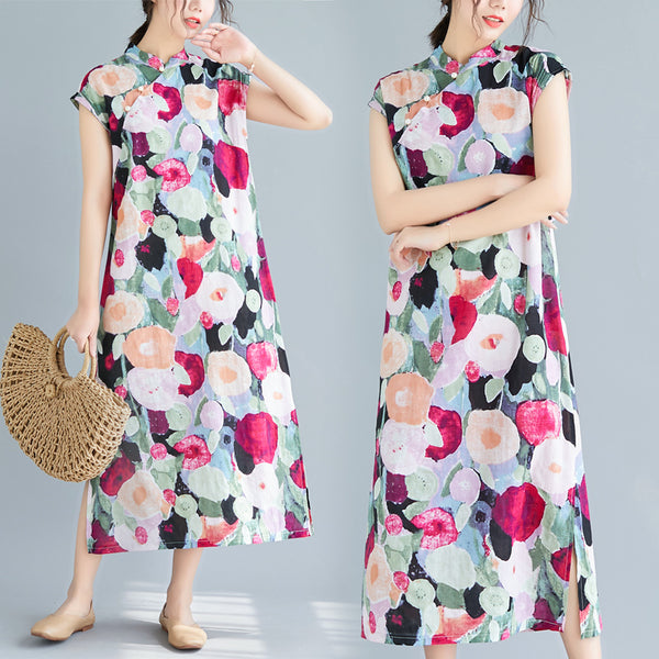Plus Size Modern Art Cheongsam Short Sleeve Midi Dress