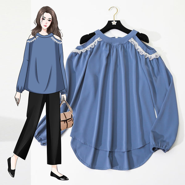 Plus size blue lace off shoulder long sleeve blouse