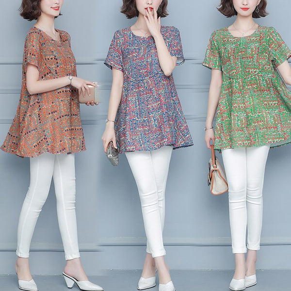 Plus size a line print loose short sleeve blouse chiffon