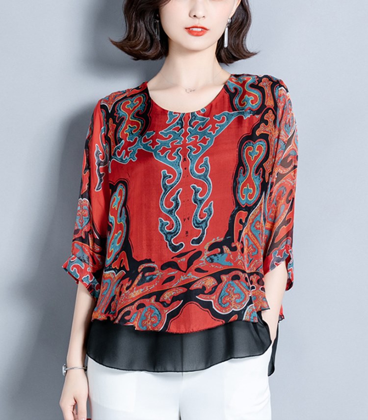 Plus size red ethnic black layer short sleeve chiffon blouse