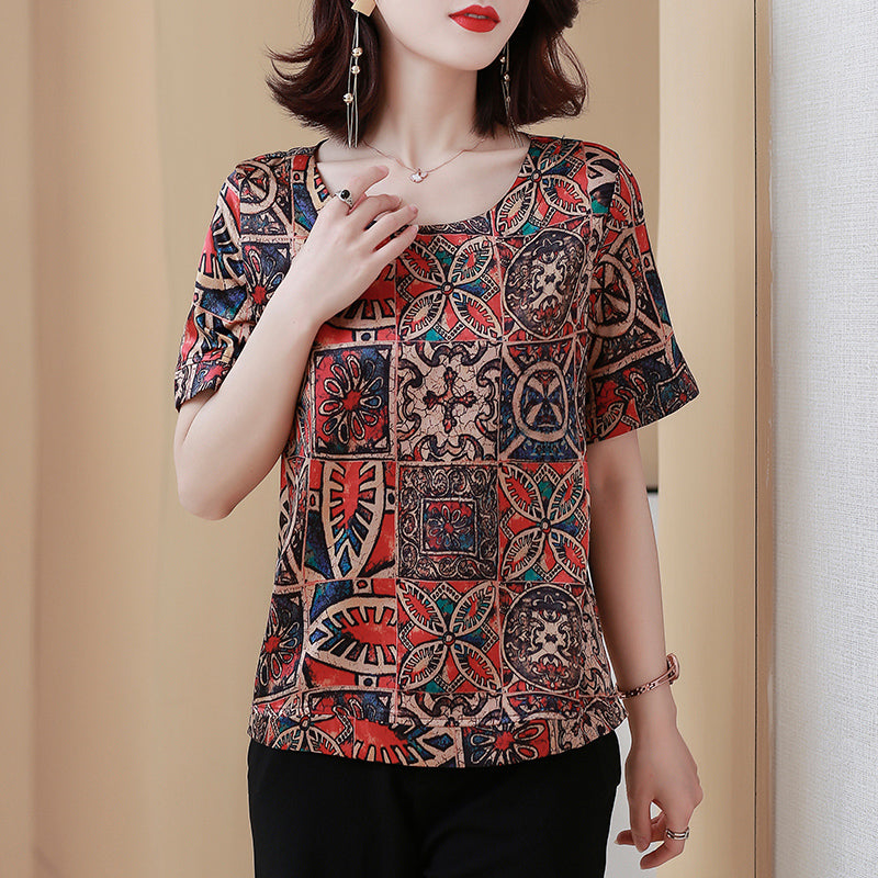 Plus size green / red ethnic print short sleeve chiffon blouse