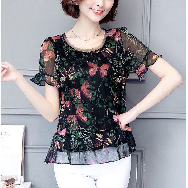 Plus size round neck bell sleeve crepe short sleeve chiffon blouse