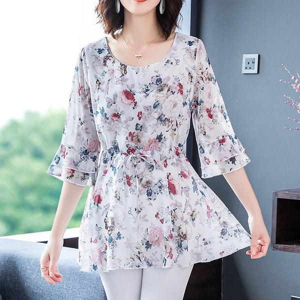 (6 Patterns!) Plus size chiffon waist tie mid sleeve blouse