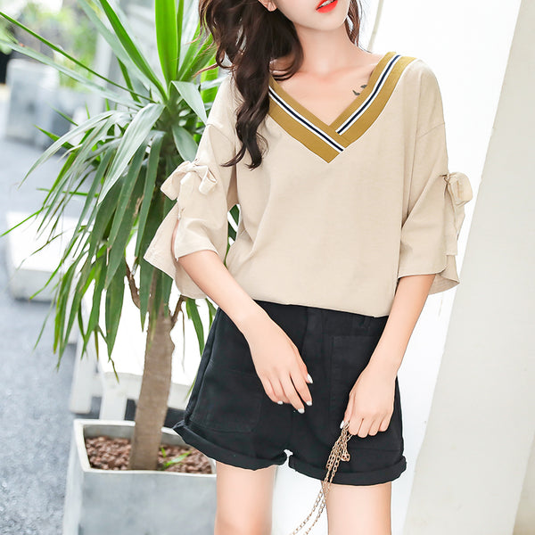 Plus size varsity stripes ribbon mid sleeve blouse