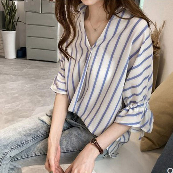Plus size stripes v neck loose korean mid sleeve shirt blouse