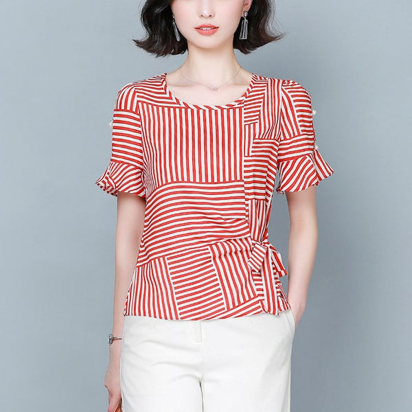 Plus size stripes side waist tie round neck short sleeve shirt blouse