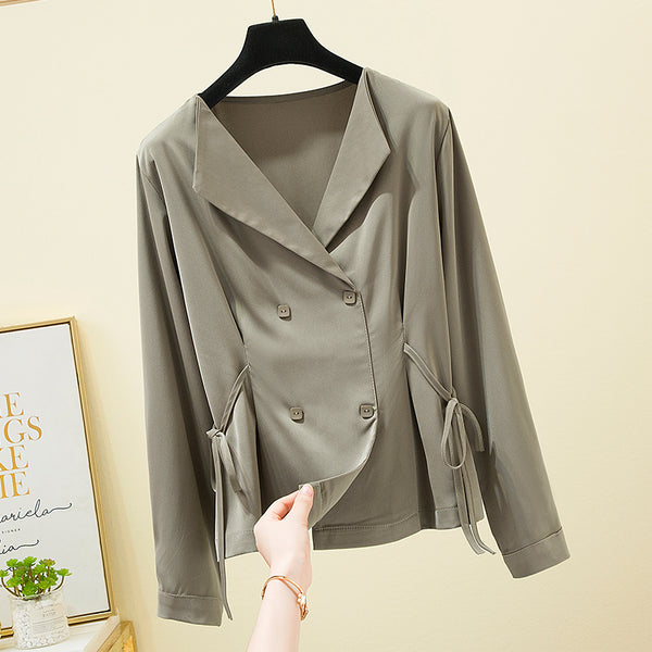 Plus size green double breast long sleeve blouse