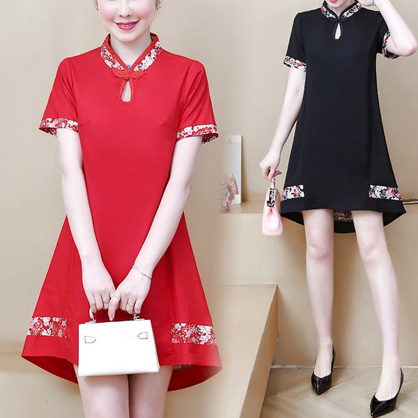 Plus Size Chinese Oriental Babydoll Cheongsam Short Sleeve Dress