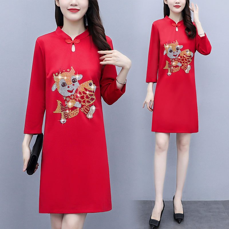 Plus Size Cow 2021 Cheongsam Long Sleeve Dress