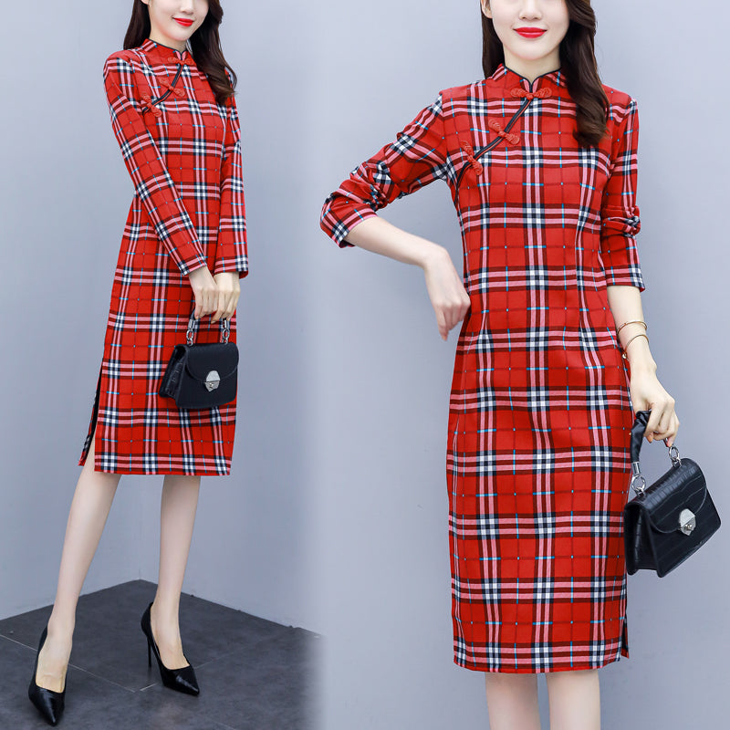 Plus Size Red Checked Cheongsam Long Sleeve Dress