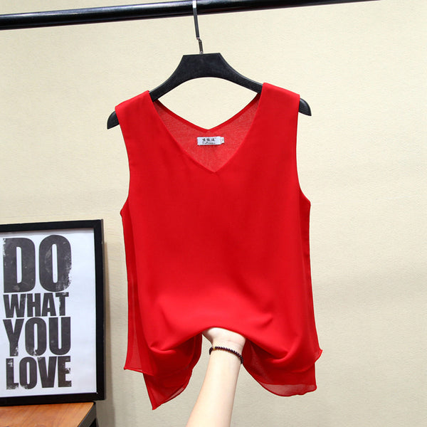 Plus size chiffon v neck layer sleeveless blouse
