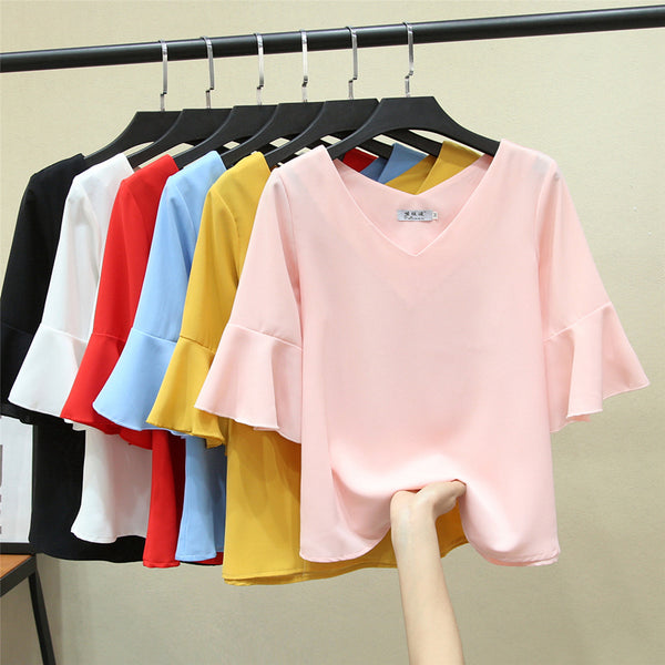 Plus size chiffon v neck bell sleeve short sleeve blouse