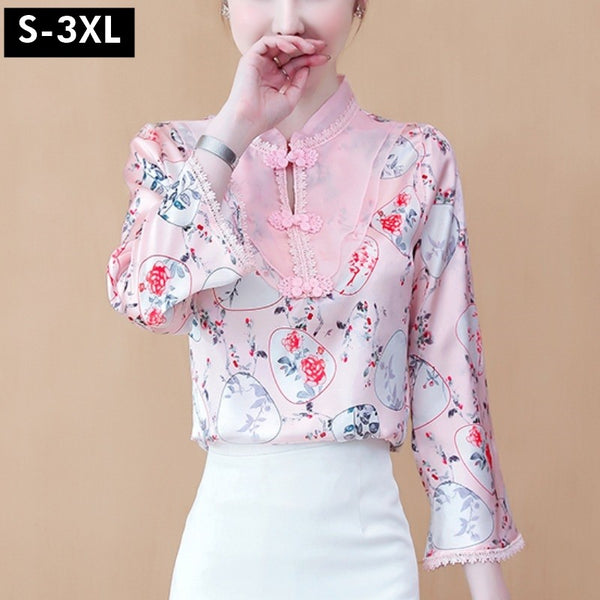 Plus Size Lace Cheongsam Floral Mid Sleeve Blouse