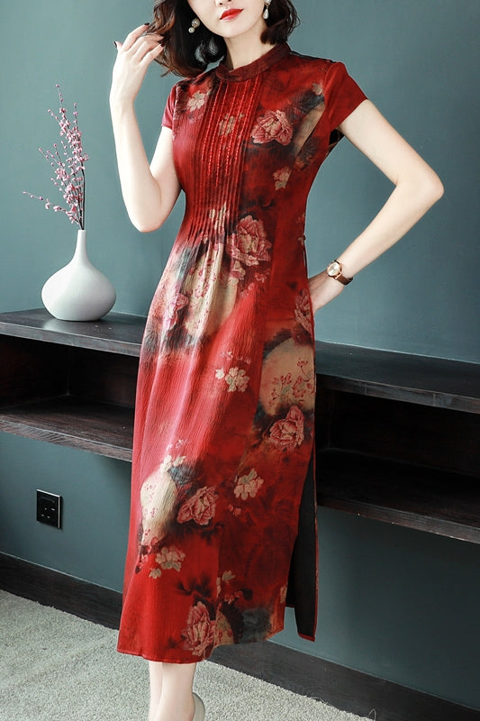 Plus Size Modern Floral Cheongsam Short Sleeve Midi Dress