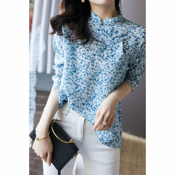 Plus Size Blue Floral Cheongsam Top