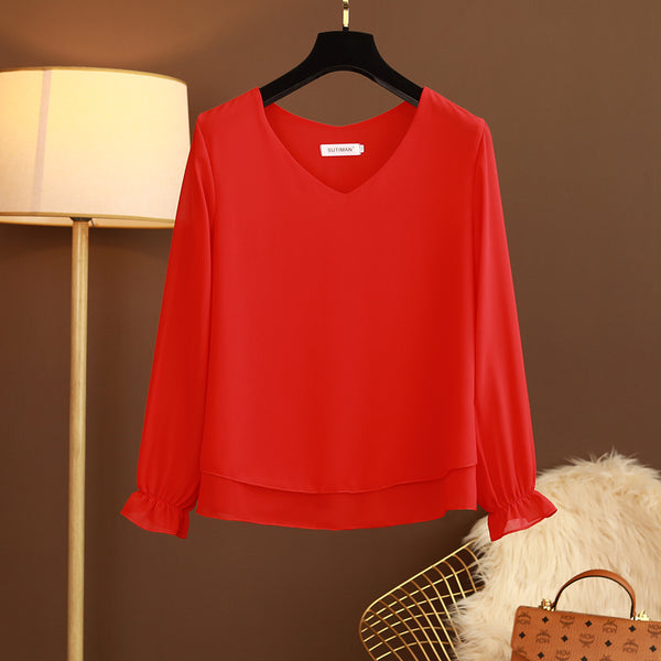 Plus size chiffon v neck long sleeve blouse