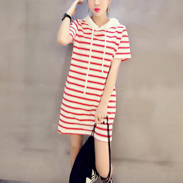Plus Size Hoodie Stripes Short Sleeve T Shirt Dress (Red, Black, White)
