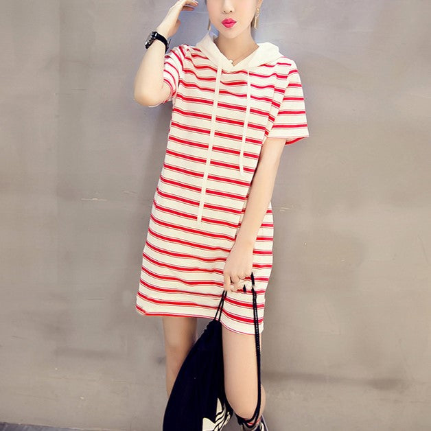 Plus Size Hoodie Stripes Short Sleeve T Shirt Dress (Red, Black, White Pluspreorder Plus Size Hoodie Stripes Short Sleeve T Shirt Dress (Red, Black, White Pluspreorder