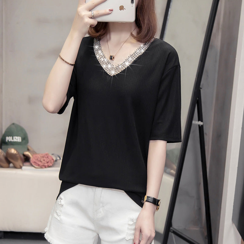 Plus Size Diamante V Neck Short Sleeve T Shirt Top