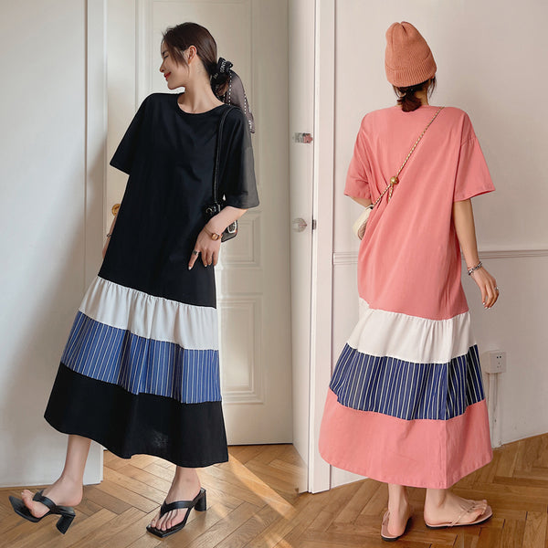 Plus Size Stripe Layer T Shirt Midi Dress