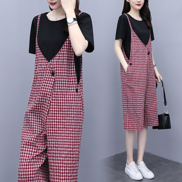 Plus Size Short Sleeve T Shirt Top And Gingham Jumper Overalls Set