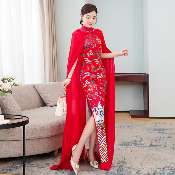 (Bust 86-106 Cm) Plus Size Chinese Cape Cheongsam Gown