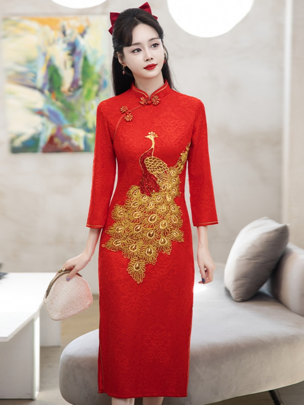 (Bust 88-120 Cm) Plus Size Chinese Crane Gold Red Cheongsam Dress
