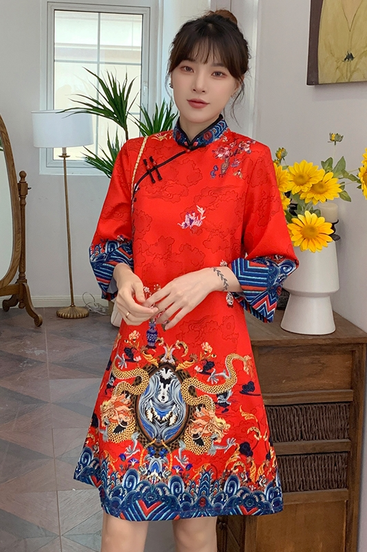 a line blue midi dress Purple Jacquard Floral A-Line Qipao Cheongsam Dress  Oriental Me