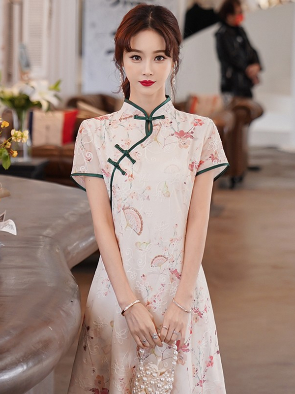 (Bust 92-124 Cm) Plus Size Chinese Print White A Line Cheongsam Dress