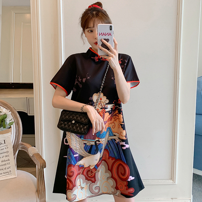 (Bust 98-118 Cm) Plus Size Chinese Crane Print Cheongsam A Line Dress