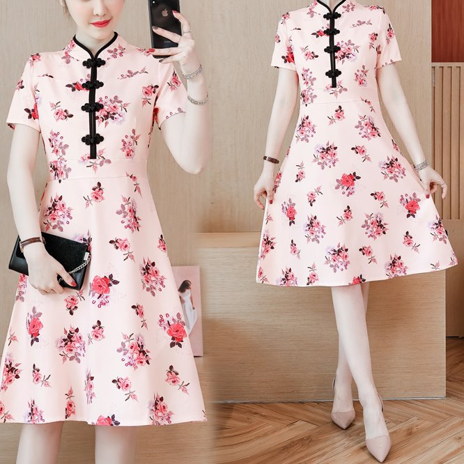 Plus size pink rose black trim cheongsam short sleeve dress