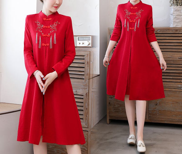 Plus size tassel oriental open cheongsam long sleeve dress